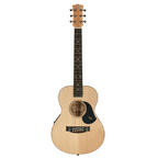 Maton EM-6 mini acoustic electric guitar with a natural wood finish, compact body, and built-in electronics for versatile sound.