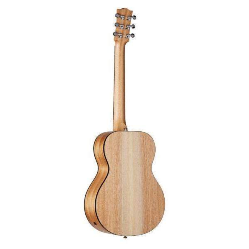 Maton EM-6 Mini acoustic electric guitar with a natural wood finish and compact body, ideal for travel and practice.