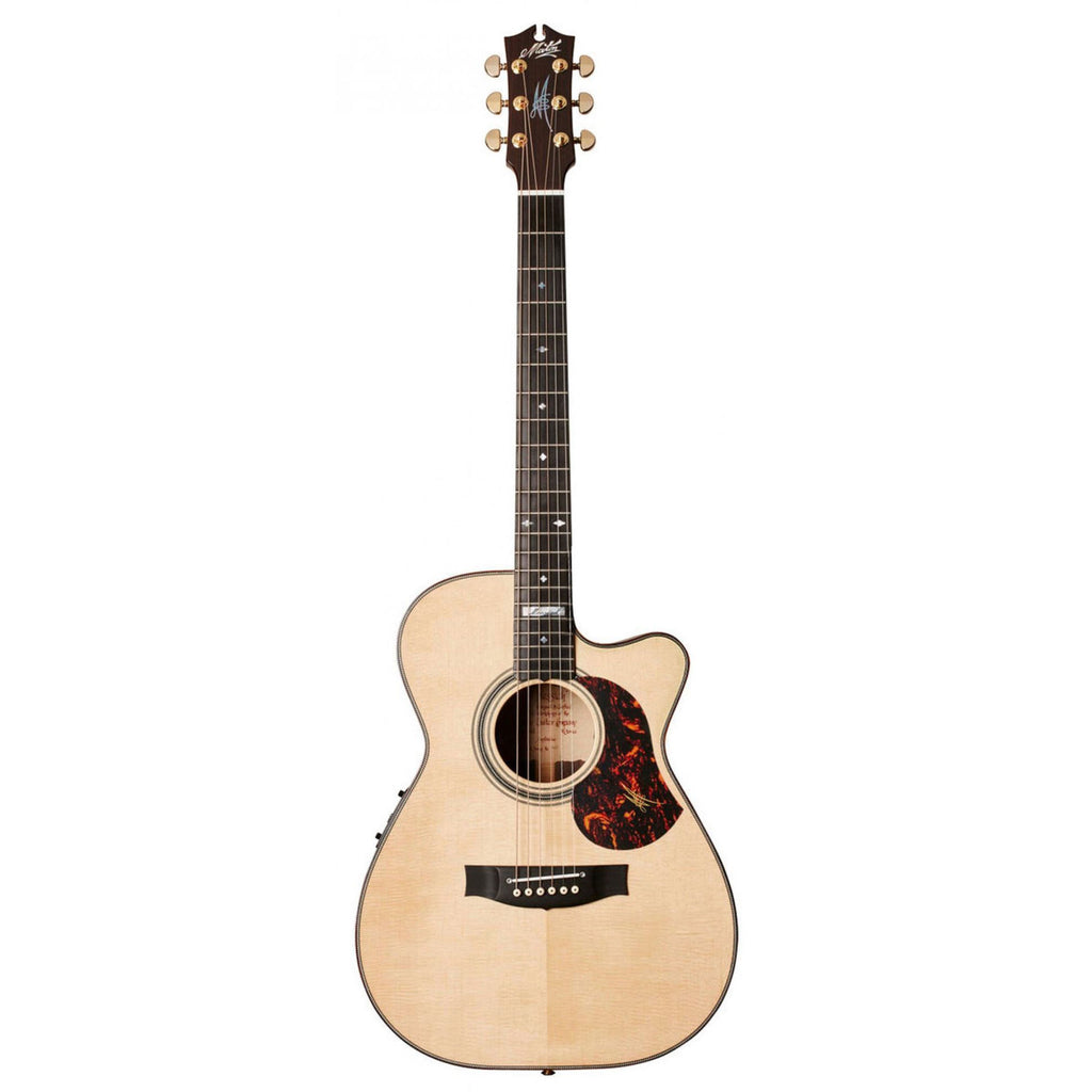 Maton EM100C 808 Messiah acoustic electric guitar with a natural wood finish and cutaway body, showing the front and strings.