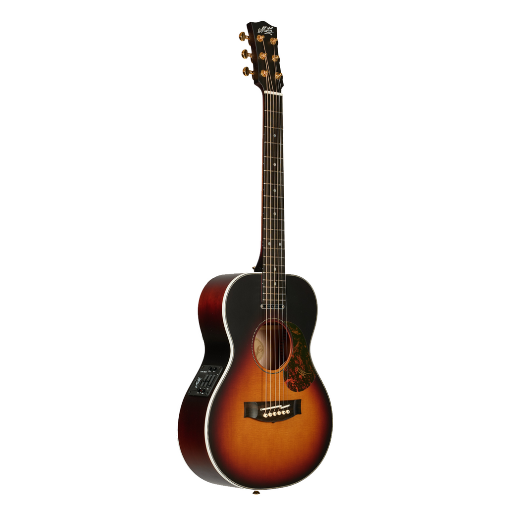 Maton Troubadour Mini Acoustic Guitar showing its compact body, natural wood finish, and six steel strings.