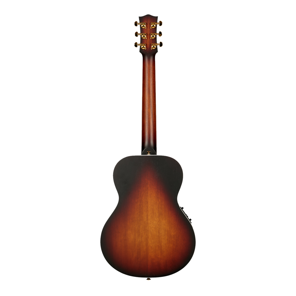 Maton Troubadour Mini acoustic guitar with a natural wood finish, compact body, and six strings, perfect for beginners and travel.