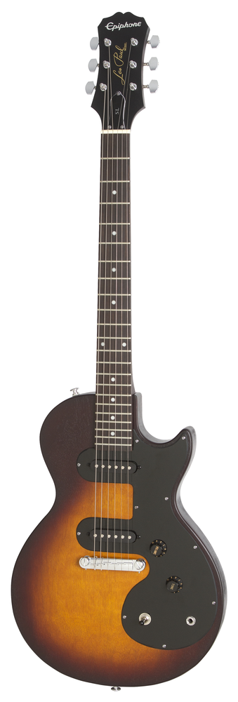 Epiphone Les Paul Melody Maker E1 electric guitar with vintage sunburst finish, shown with its solid body and dual pickups.