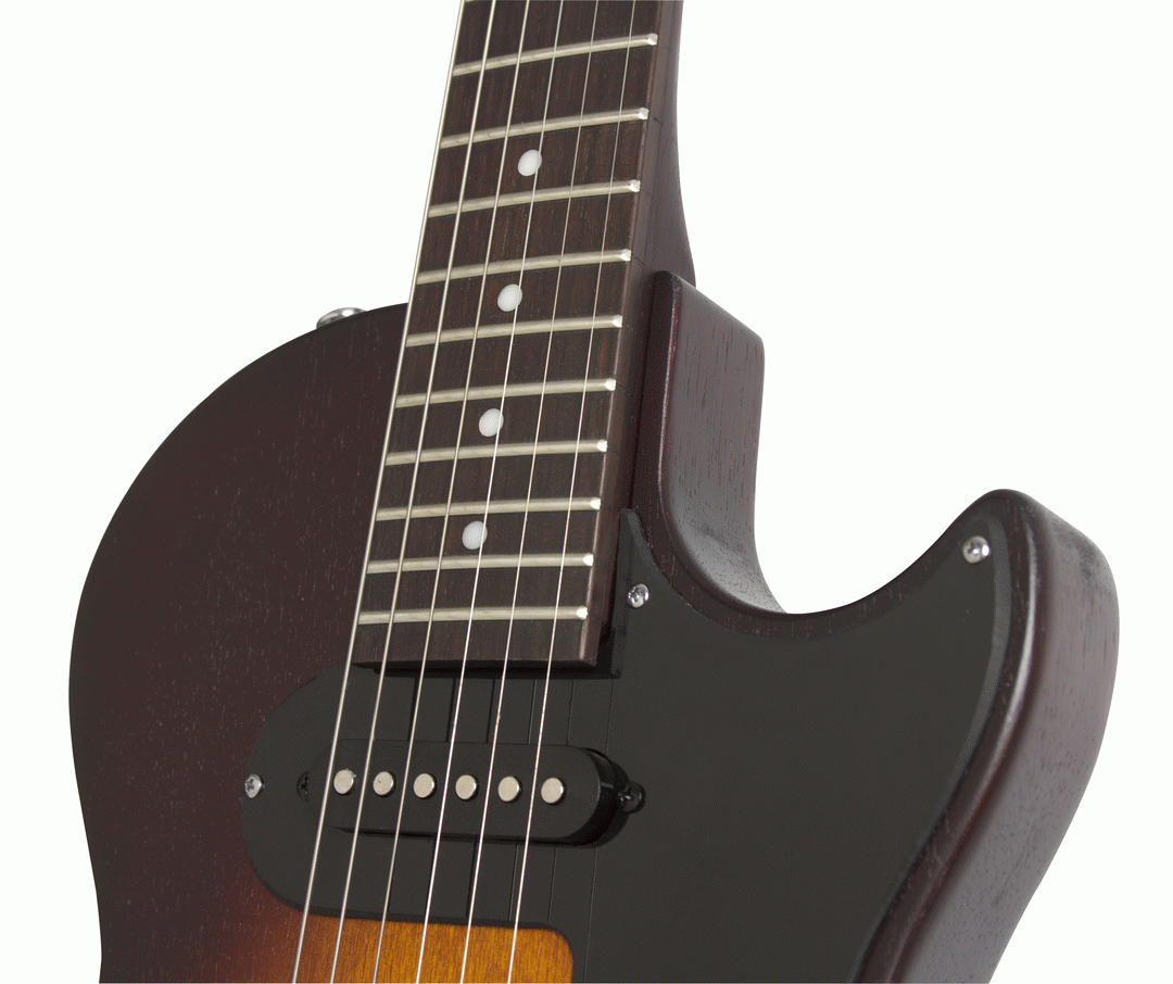 Epiphone Les Paul Melody Maker E1 electric guitar in vintage sunburst finish, featuring a solid body and dual humbuckers.