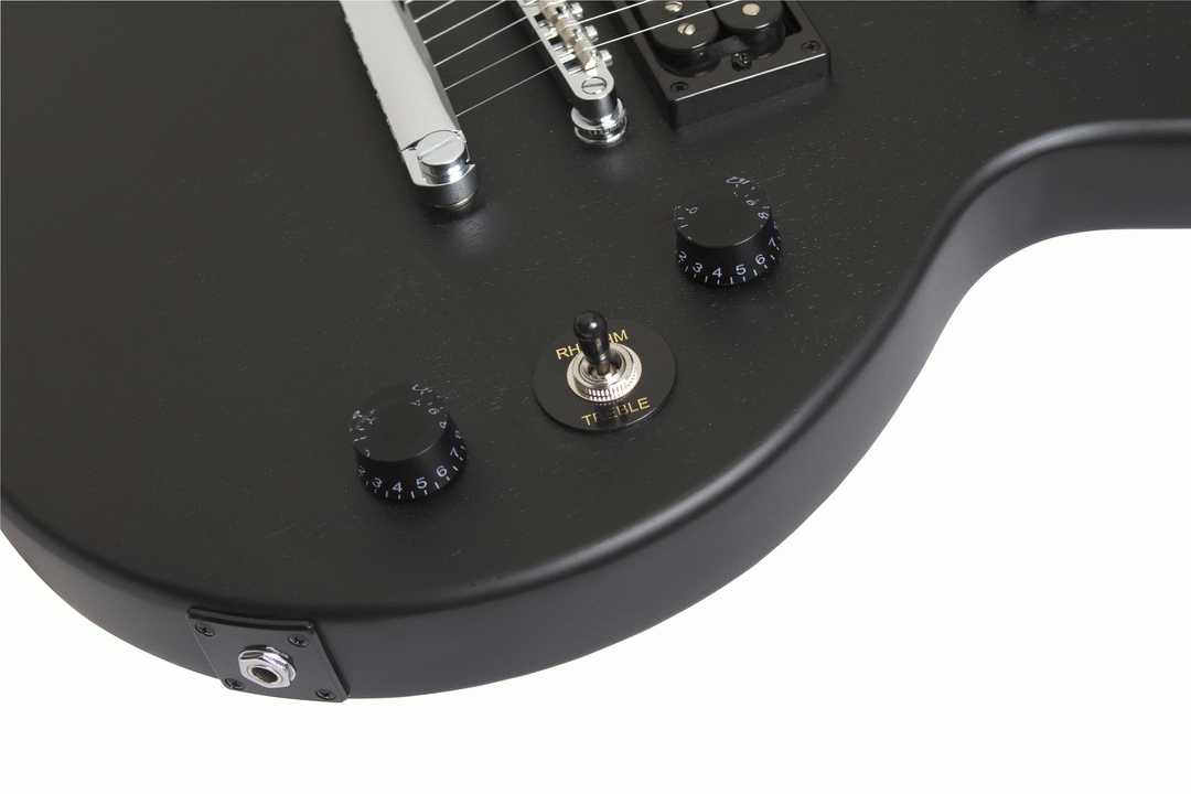 Epiphone Les Paul Special Satin electric guitar in ebony with a sleek black finish and classic single-cutaway design.