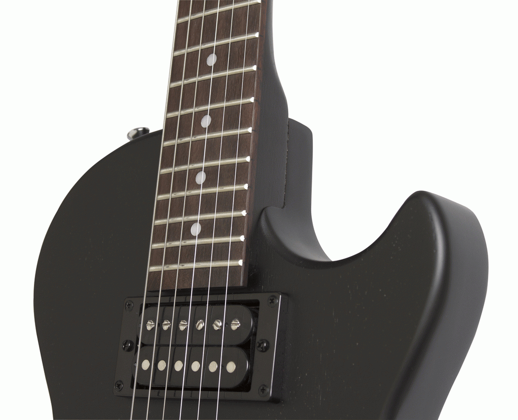 Epiphone Les Paul Special Satin E1 electric guitar in ebony finish, showing the sleek body and hardware details.