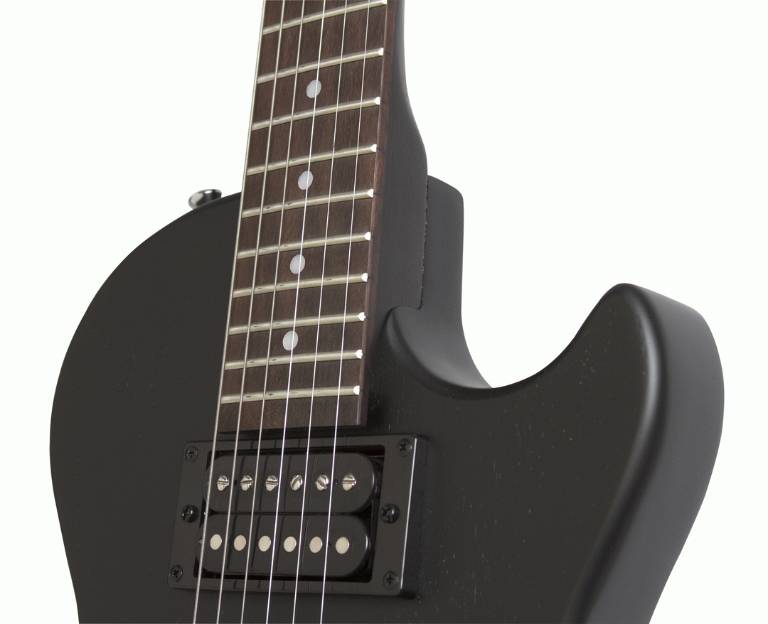 Epiphone Les Paul Special Satin E1 electric guitar in ebony finish, showing the sleek body and hardware details.