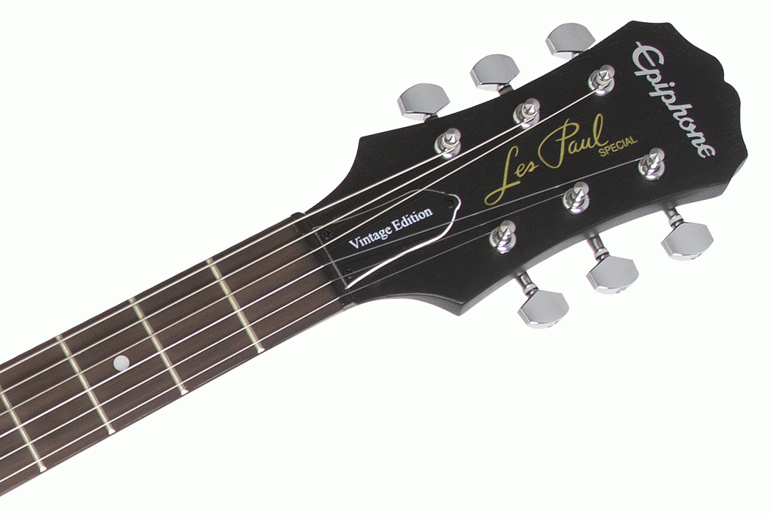 Epiphone Les Paul Special Satin E1 electric guitar in ebony with a sleek black finish and classic Les Paul shape.