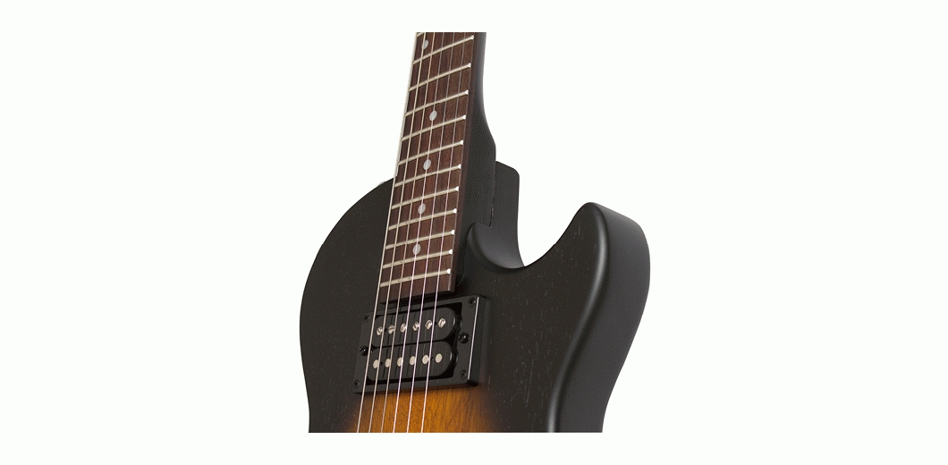 Epiphone Les Paul Special VE electric guitar in vintage sunburst finish with dual humbucker pickups and maple neck.