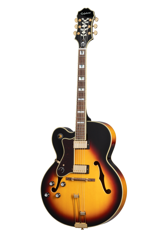 Left-handed Epiphone Broadway electric guitar in vintage sunburst finish with a hollow body and classic design.