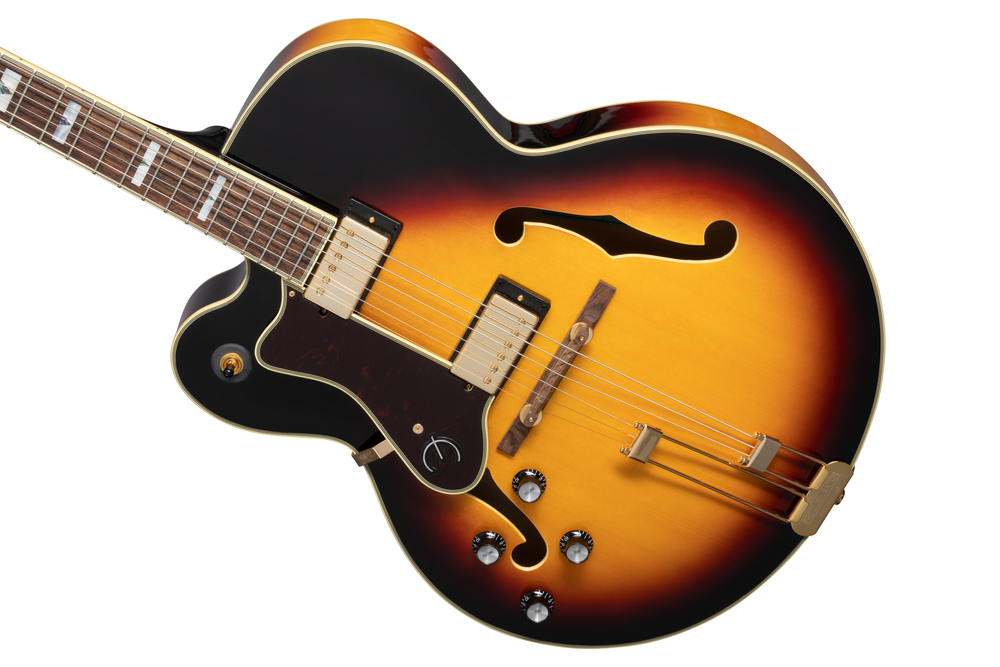 Left-handed Epiphone Broadway electric guitar in vintage sunburst finish with double-cutaway body and classic design.