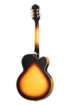 Left-handed Epiphone Broadway electric guitar in vintage sunburst finish, featuring a classic hollow-body design and dual humbucker pickups.