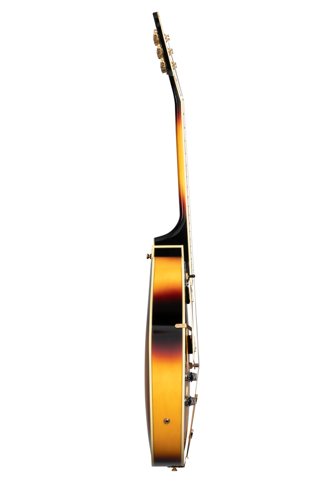 Left-handed Epiphone Broadway electric guitar in vintage sunburst finish, showcasing its classic hollow-body design and elegant craftsmanship.