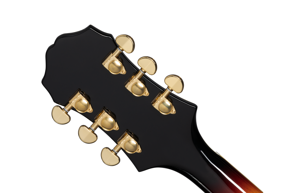 Left-handed Epiphone Broadway electric guitar in vintage sunburst finish, featuring classic design and six strings.