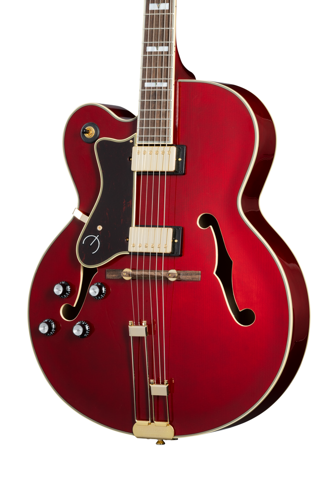 Left-handed Epiphone Broadway electric guitar in wine red with a glossy finish and classic body shape.