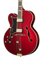 Left-handed Epiphone Broadway electric guitar in wine red with a glossy finish and classic body shape.