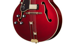 Left-handed Epiphone Broadway Electric Guitar in wine red with a classic design and chrome hardware.