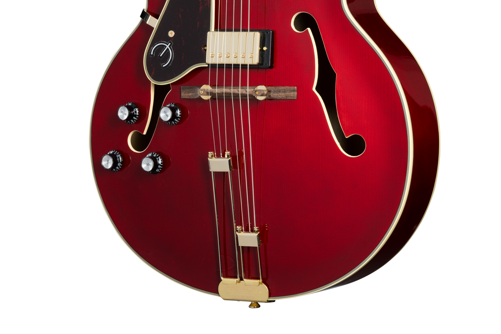 Left-handed Epiphone Broadway Electric Guitar in wine red with a classic design and chrome hardware.