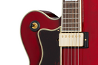 Left-handed Epiphone Broadway electric guitar in wine red with a glossy finish, featuring a classic design and dual pickups.