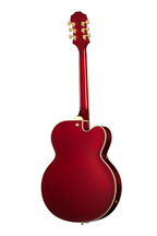 Left-handed Epiphone Broadway electric guitar in wine red with a classic archtop design, showcasing the elegant craftsmanship.