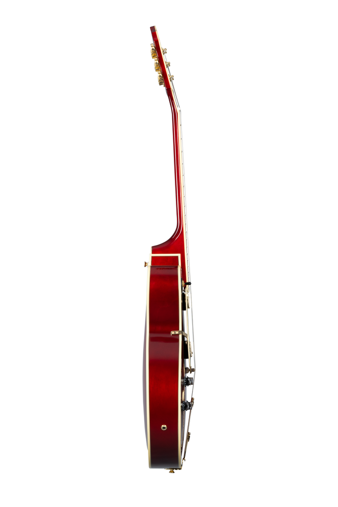 Left-handed Epiphone Broadway electric guitar in wine red, showcasing its elegant body and fretboard details.