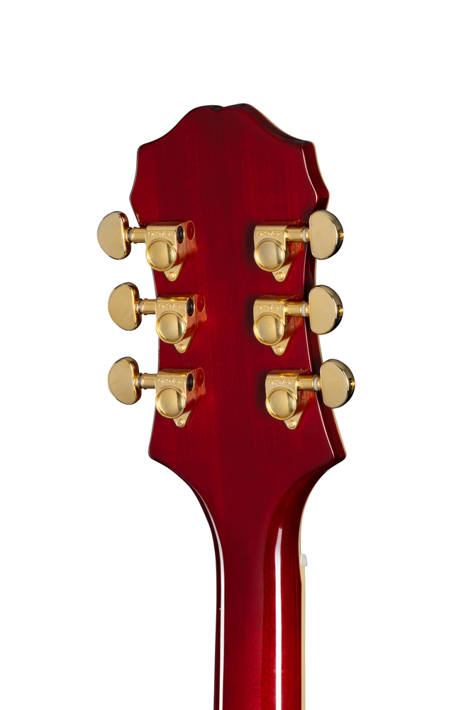 Left-handed Epiphone Broadway electric guitar in wine red with chrome hardware and classic design, shown resting on a stand.