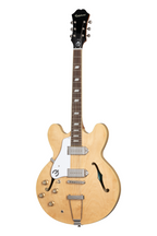 Left-handed Epiphone Casino electric guitar in natural finish with hollow body and classic design.