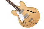 Left-handed Epiphone Casino electric guitar in natural finish, showcasing the body, neck, and pickups.