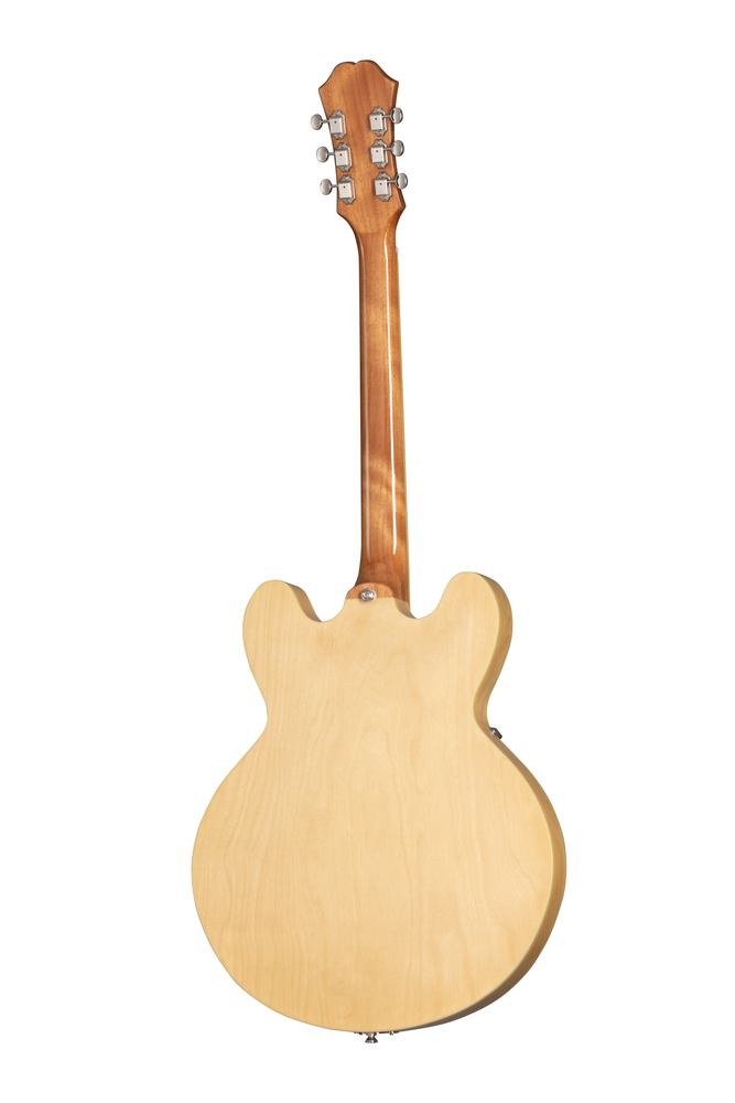 Left-handed Epiphone Casino electric guitar in natural finish, showcasing its hollow body and classic design.