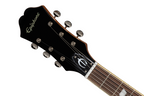 Left-handed Epiphone Casino electric guitar in natural finish, showcasing the body and fretboard details.
