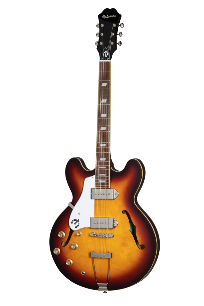 Left-handed Epiphone Casino electric guitar in vintage sunburst finish, with hollow body and classic design.
