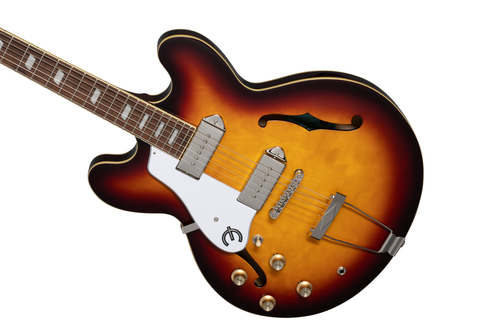 Left-handed Epiphone Casino electric guitar in vintage sunburst finish, with semi-hollow body and classic design.