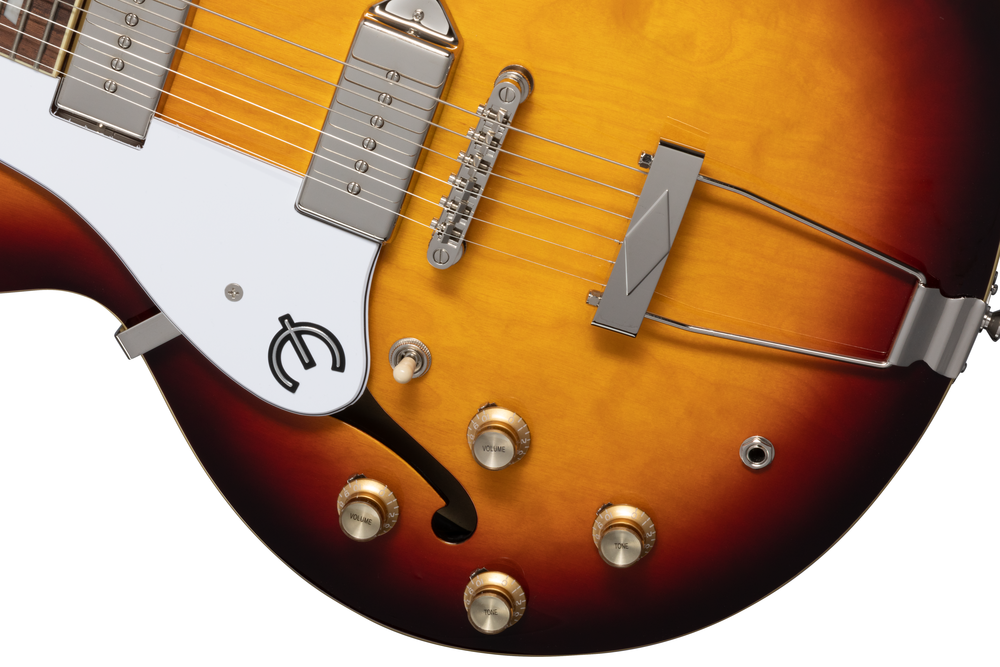 Left-handed Epiphone Casino electric guitar in vintage sunburst finish, showcasing its hollow body and classic design.