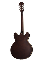 Left-handed Epiphone Casino electric guitar in vintage sunburst finish, showcasing its body and double-cutaway design.