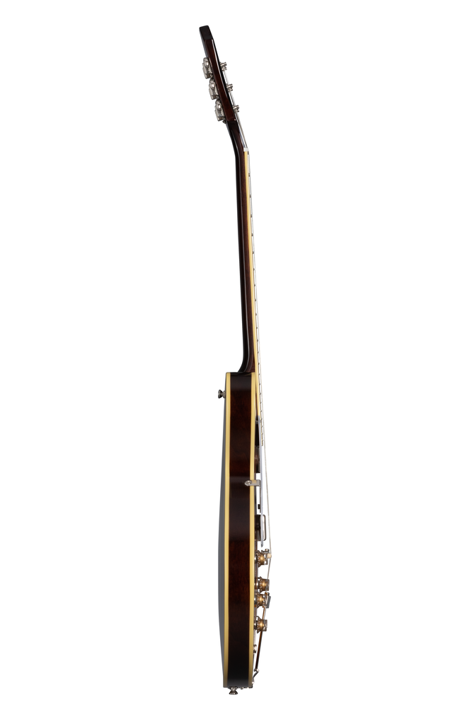 Left-handed Epiphone Casino electric guitar in vintage sunburst finish, showcasing its classic hollow body design.