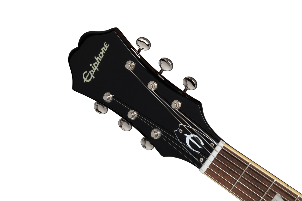 Left-handed Epiphone Casino electric guitar in vintage sunburst finish, featuring a classic hollow-body design and chrome hardware.