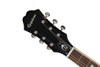 Left-handed Epiphone Casino electric guitar in vintage sunburst finish, featuring a classic hollow-body design and chrome hardware.