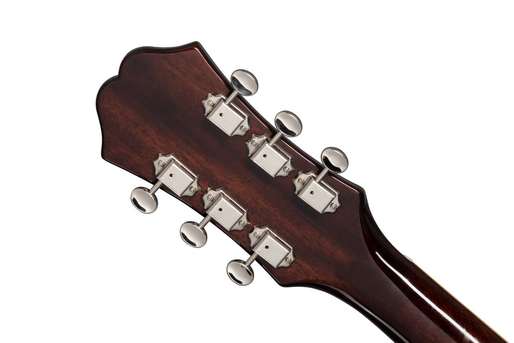 Left-handed Epiphone Casino electric guitar in vintage sunburst finish with humbucker pickups and classic design.