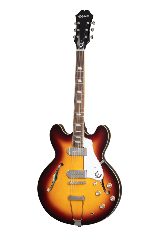 Epiphone Casino electric guitar in vintage sunburst finish, showcasing its hollow body, dual humbucker pickups, and classic design.