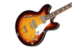 Epiphone Casino electric guitar in vintage sunburst finish, showcasing its hollow body, dual humbucker pickups, and classic design.