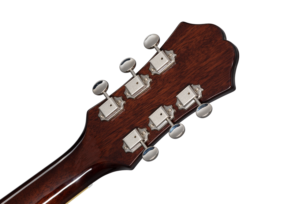 Epiphone Casino electric guitar in vintage sunburst finish with f-hole body and humbucker pickups, showcasing its classic design.