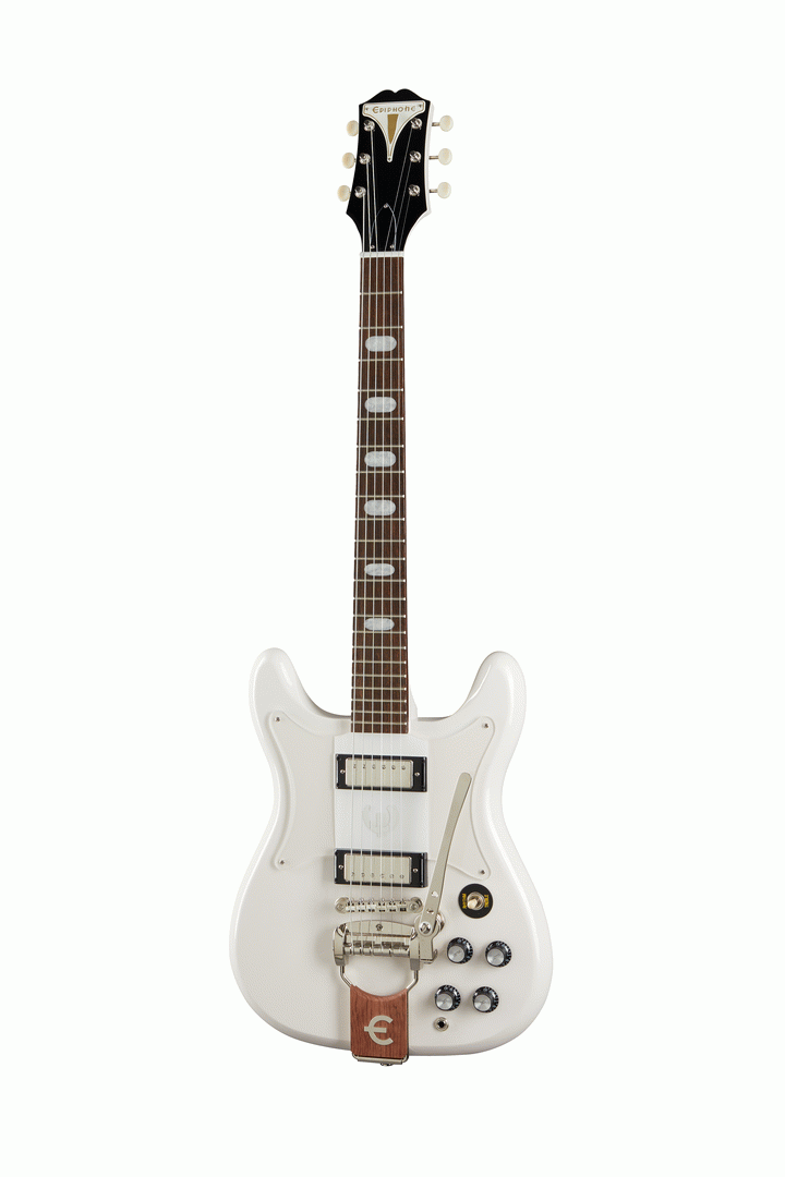 Epiphone Crestwood Custom electric guitar in Polaris White with double-cutaway design and chrome hardware.