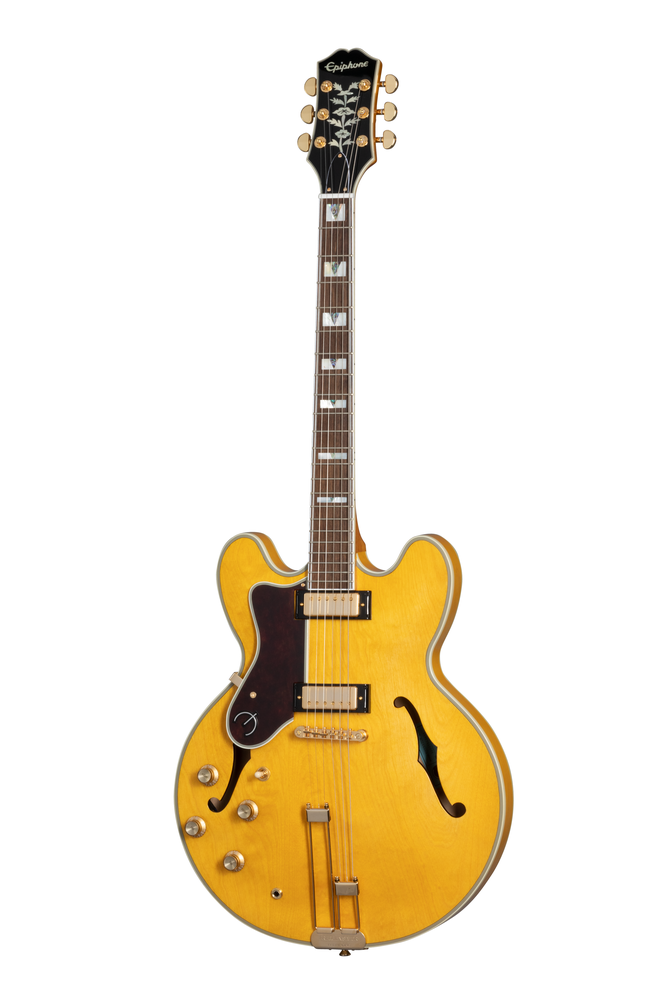 Left-handed Epiphone Sheraton Frequensator electric guitar in natural finish, showing its body, pickups, and elegant design.