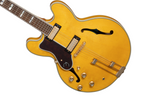 Left-handed Epiphone Sheraton Frequensator electric guitar in natural finish, showcasing its body and neck details.