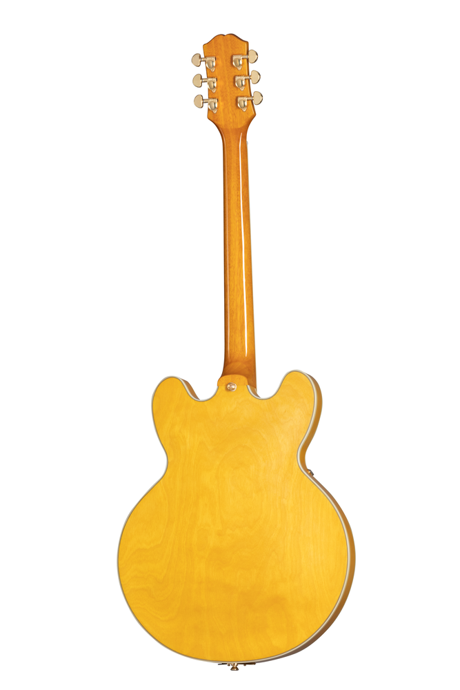 Left-handed Epiphone Sheraton Frequensator electric guitar in natural finish, showcasing its body, neck, and distinctive hardware.