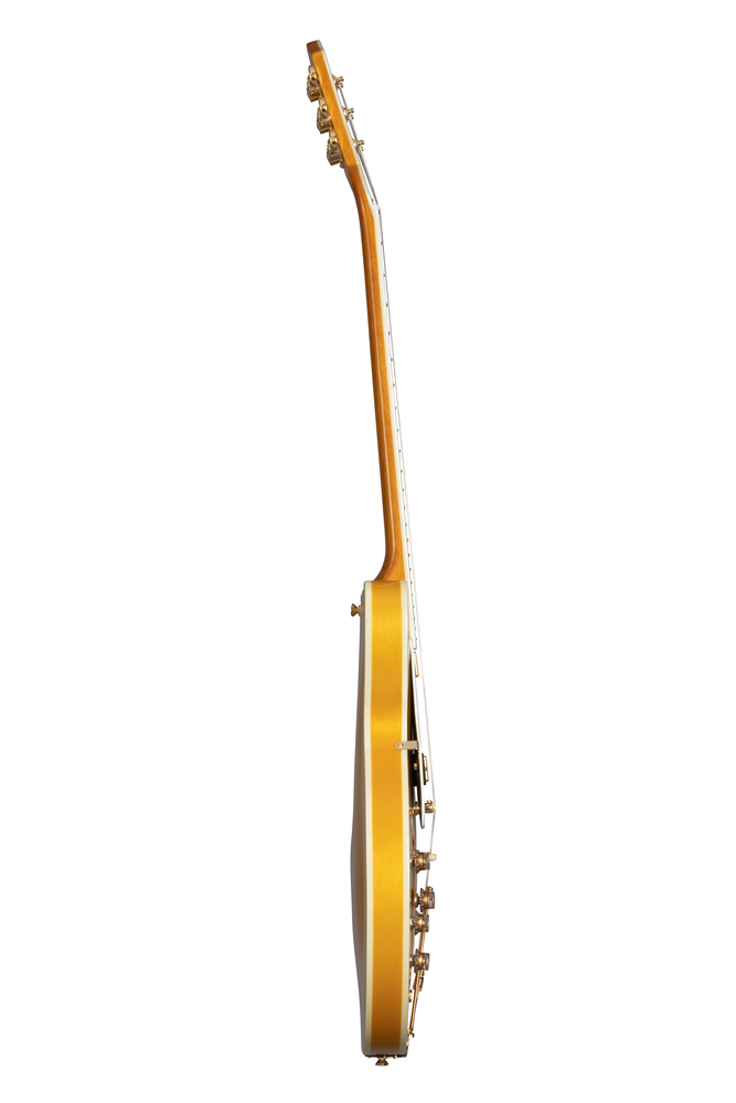 Left-handed Epiphone Sheraton Frequensator electric guitar in natural finish, showing its body and classic design.
