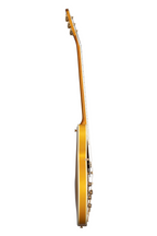 Left-handed Epiphone Sheraton Frequensator electric guitar in natural finish, showing its body and classic design.