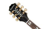 Left-handed Epiphone Sheraton Frequensator electric guitar in natural finish, showcasing the body, pickups, and fretboard.