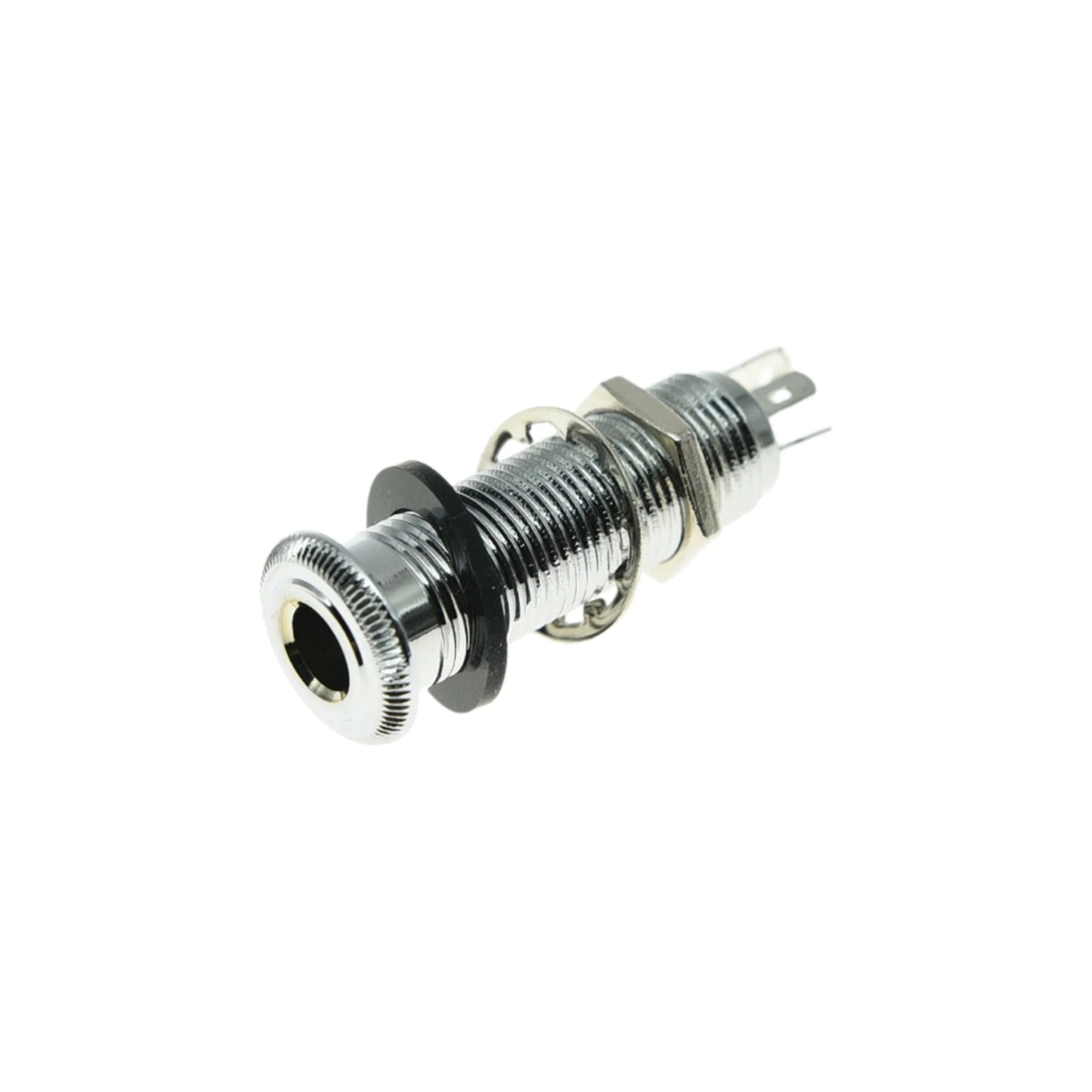 AMS stereo barrel jack with nut and washer for guitar, close-up of metal audio connector on a guitar part.