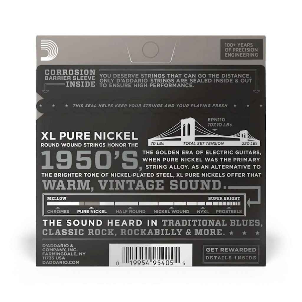 DAddario EPN110 Pure Nickel Electric Guitar Strings, Regular Light, 10-45