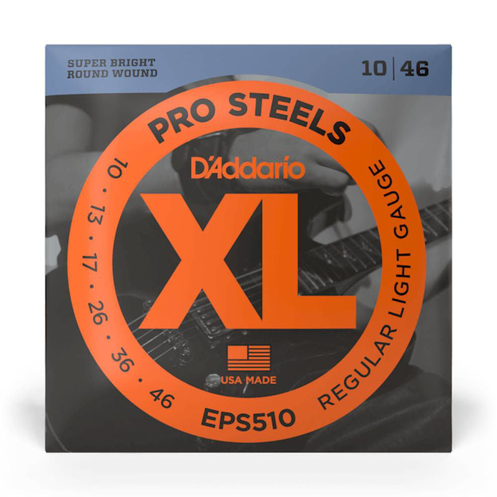 D'Addario Pro Steels electric guitar strings set, 10-46 gauge, showing the packaged strings with branding and clear visibility of the product.